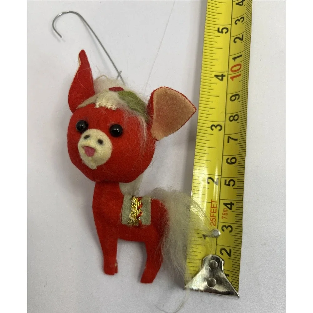 Vintage Red White Felt Flocked Deer Christmas Ornament Japan‎ 4 1/4